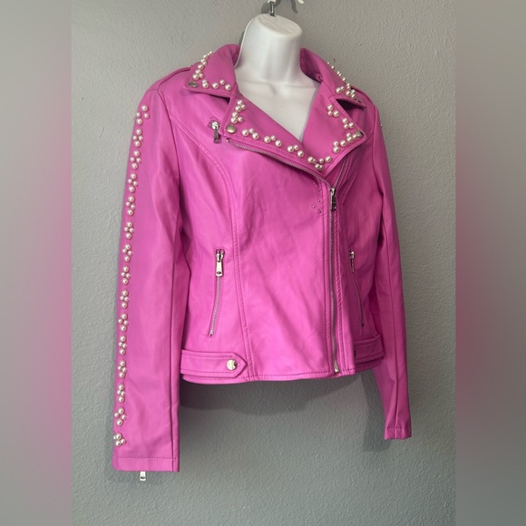 LA Coalition Pink Pearl Studded Faux Leather Moto Jacket Medium Barbie Inspired - Picture 4 of 14